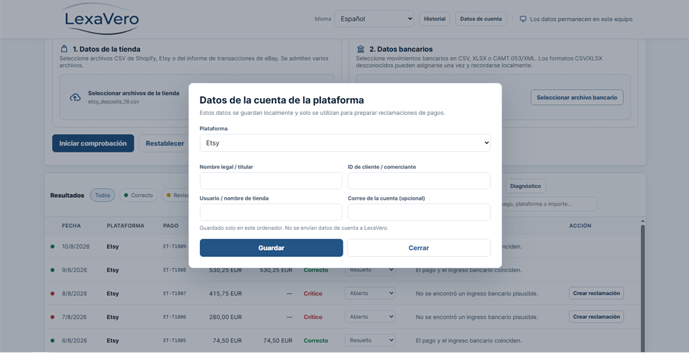 LexaVero local platform account data dialog stating that data is stored only on this computer